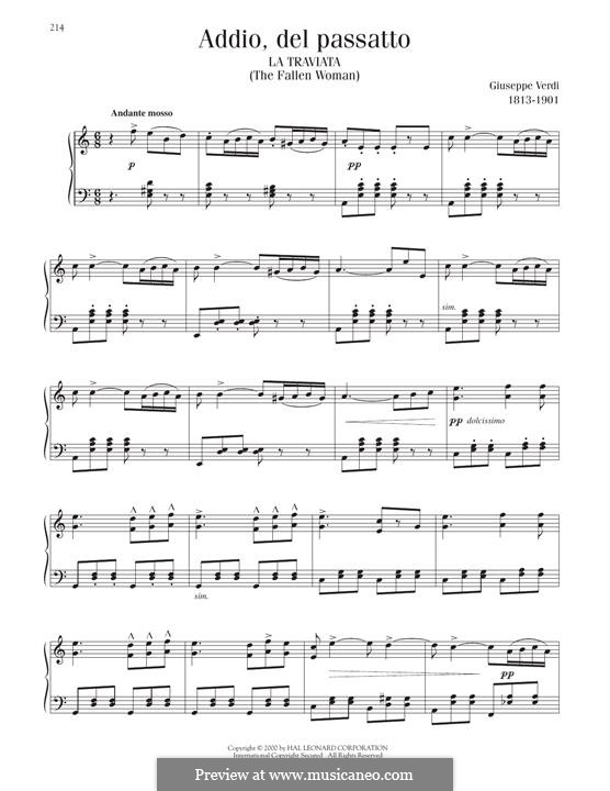 Addio del passato: For piano by Giuseppe Verdi