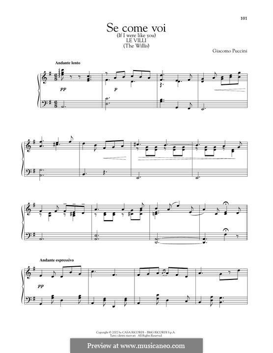 Le Villi (The Willis or The Fairies): Se come voi piccina, for piano by Giacomo Puccini