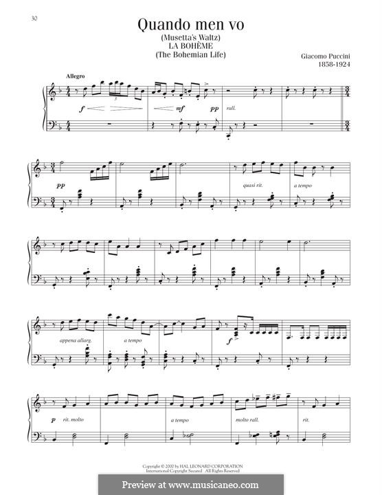 Quando men vo (Musetta's Waltz): For piano by Giacomo Puccini