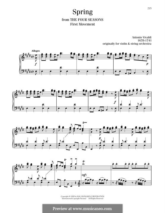 Violin Concerto No.1 in E Major 'La primavera' (Printable Scores), RV 269: Movement I (Theme), for piano by Antonio Vivaldi