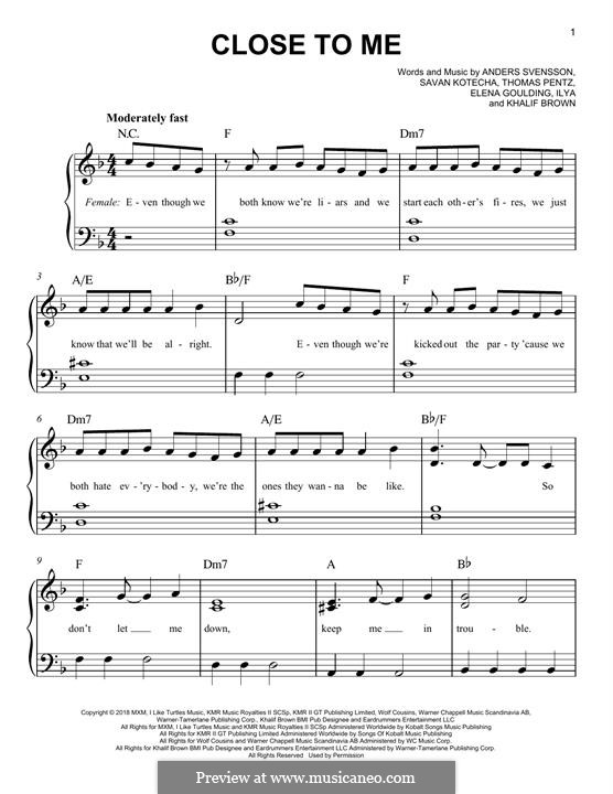 Close To Me (Ellie Goulding, Diplo & Swae Lee): For piano by Ellie Goulding, Savan Kotecha, Diplo, Ilya, Khalif Brown, Anders Svensson