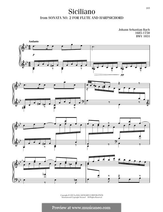 Sonata for Flute and Harpsichord No.2 in E Flat Major, BWV 1031: Siciliano. Arrangement for piano by Johann Sebastian Bach