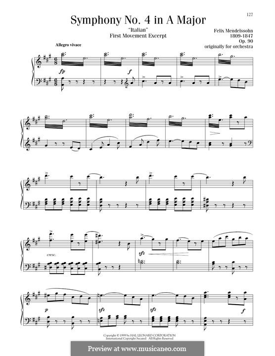 Symphony No.4 in A Major 'Italian', Op.90: Movement I (Excerpt), for piano by Felix Mendelssohn-Bartholdy