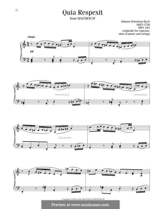 Magnificat in D Major, BWV 243: Quia respexit, for piano by Johann Sebastian Bach
