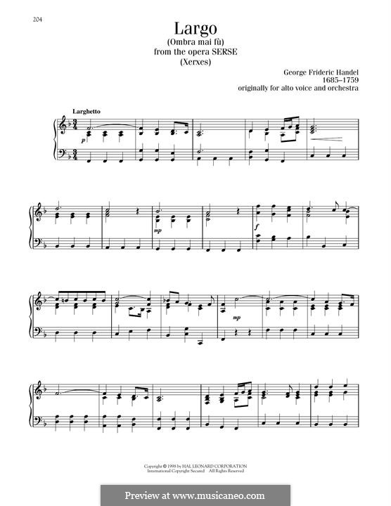 Largo (Ombra mai fu) printable score: For piano by Georg Friedrich Händel