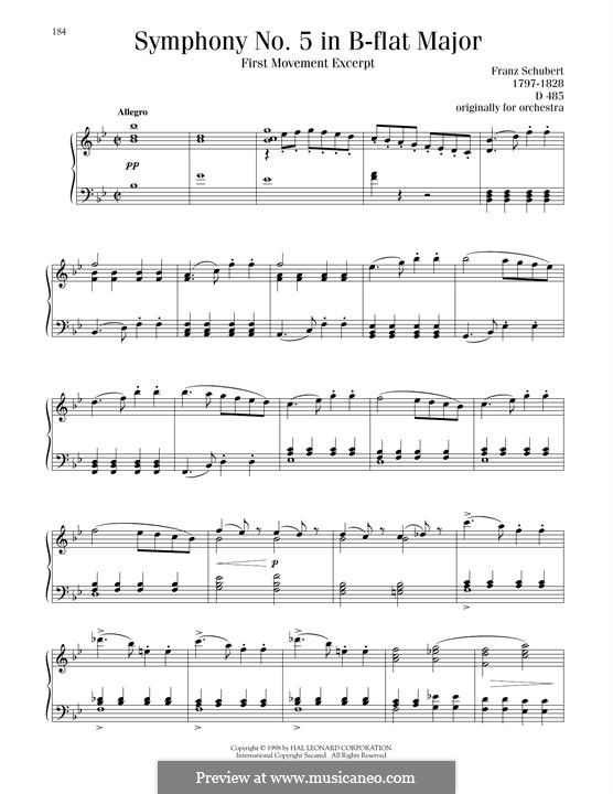 Symphony No.5 in B Flat Major, D.485: Movement I. Excerpt, for piano by Franz Schubert