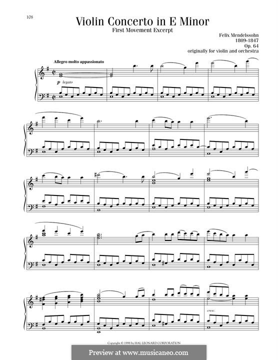 Concerto for Violin and Orchestra in E Minor, Op.64: Movement I, Excerpt, for piano by Felix Mendelssohn-Bartholdy