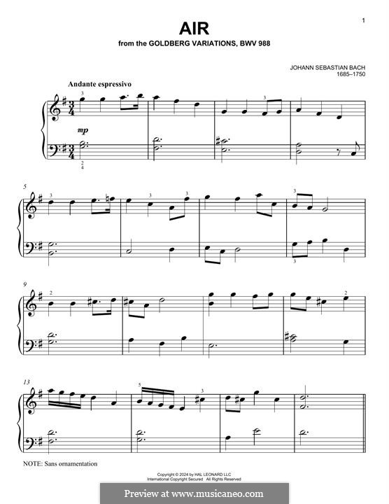 Aria (Printable Scores): Version for piano by Johann Sebastian Bach