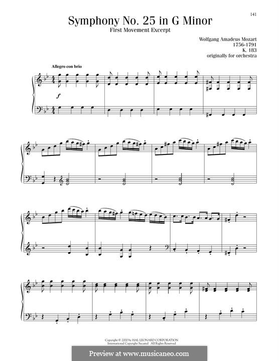 Symphony No.25 in G Minor, K.183: Movement I, Excerpt, for piano by Wolfgang Amadeus Mozart