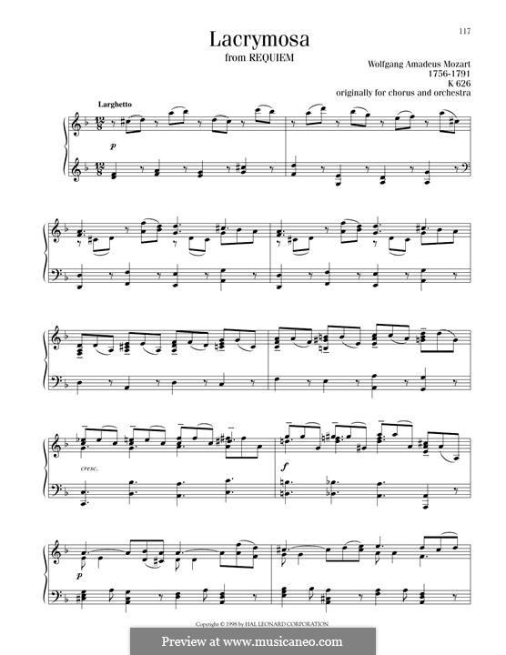Lacrimosa: For piano by Wolfgang Amadeus Mozart