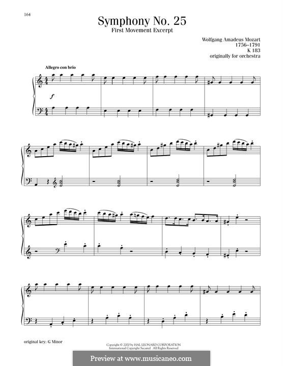 Symphony No.25 in G Minor, K.183: Movement I, Excerpt, for piano by Wolfgang Amadeus Mozart