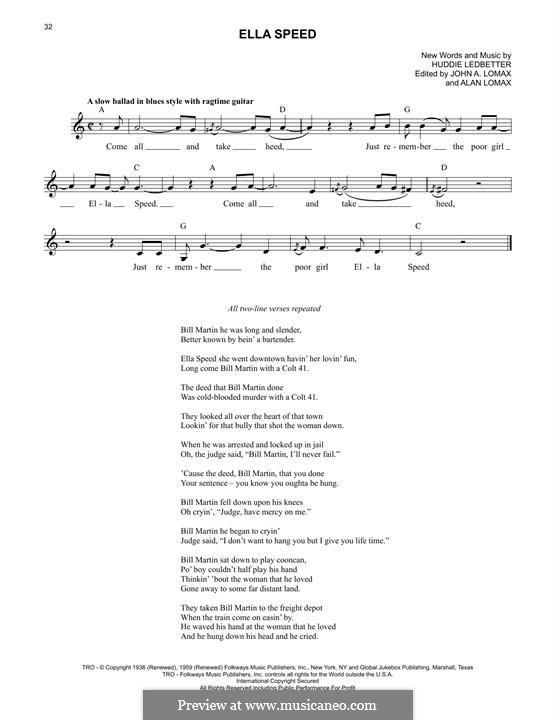 Ella Speed (Lead Belly) by H. Ledbetter sheet music on MusicaNeo