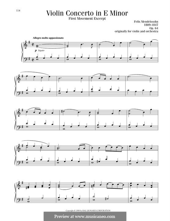 Concerto for Violin and Orchestra in E Minor, Op.64: Movement I, Excerpt, for piano by Felix Mendelssohn-Bartholdy
