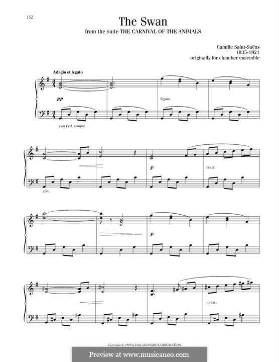 The Swan (printable scores): For piano by Camille Saint-Saëns