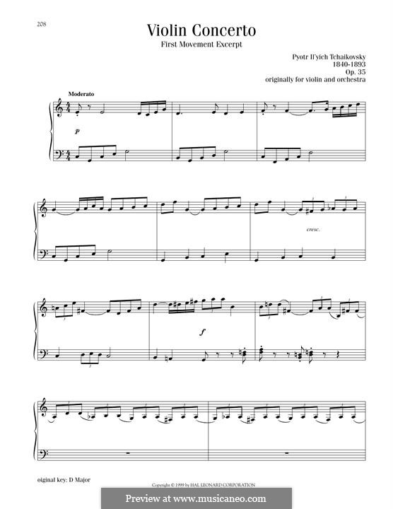 Concerto for Violin and Orchestra in D Major, TH 59 Op.35: Movement I, Excerpt, for piano by Pyotr Tchaikovsky