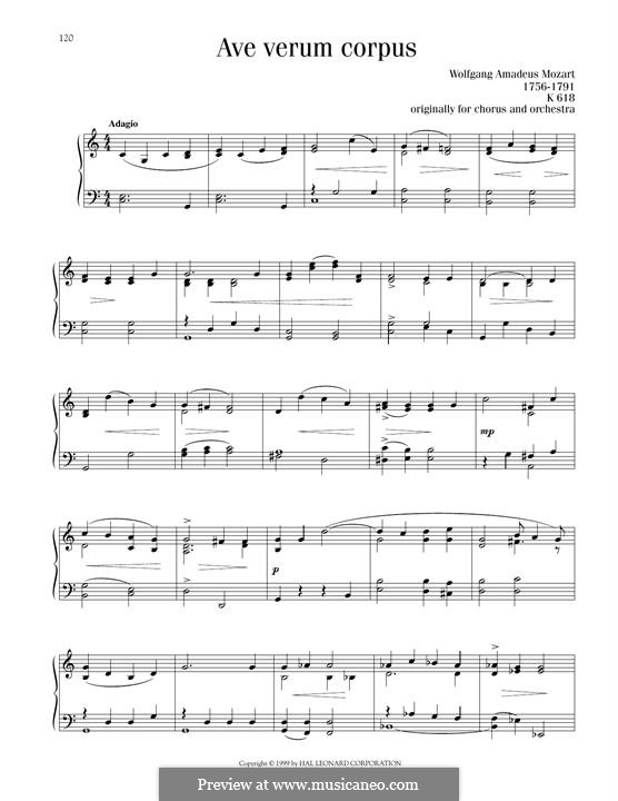 Ave verum corpus (Printabel Scores), K.618: For piano by Wolfgang Amadeus Mozart