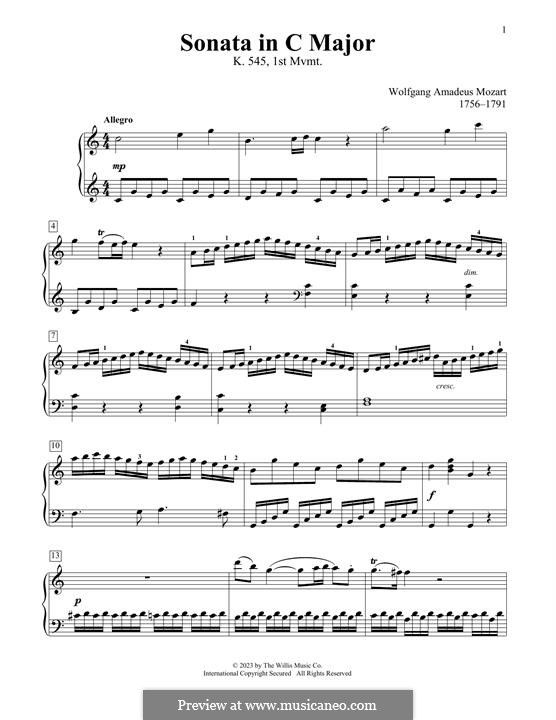 Sonata for Piano No.16 in C Major, K.545: Movement I by Wolfgang Amadeus Mozart