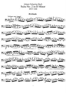 Suite for Cello No.2 in D Minor, BWV 1008: For a single performer by Johann Sebastian Bach
