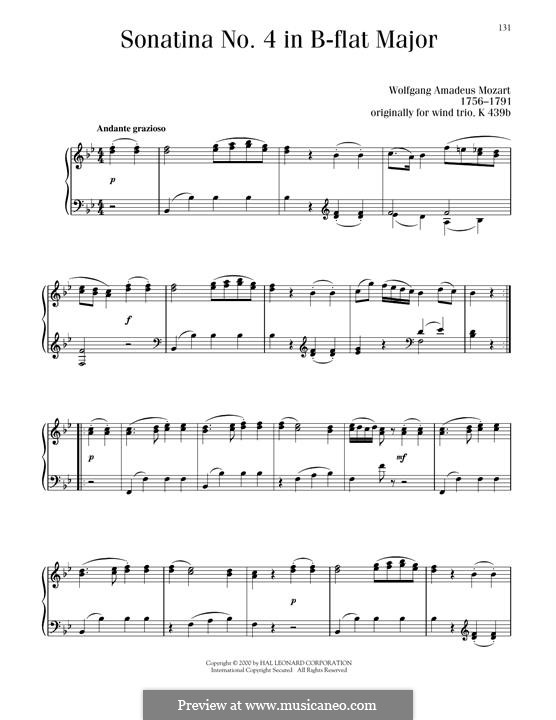 Sonatina for Piano in B Flat Major: For a single performer by Wolfgang Amadeus Mozart