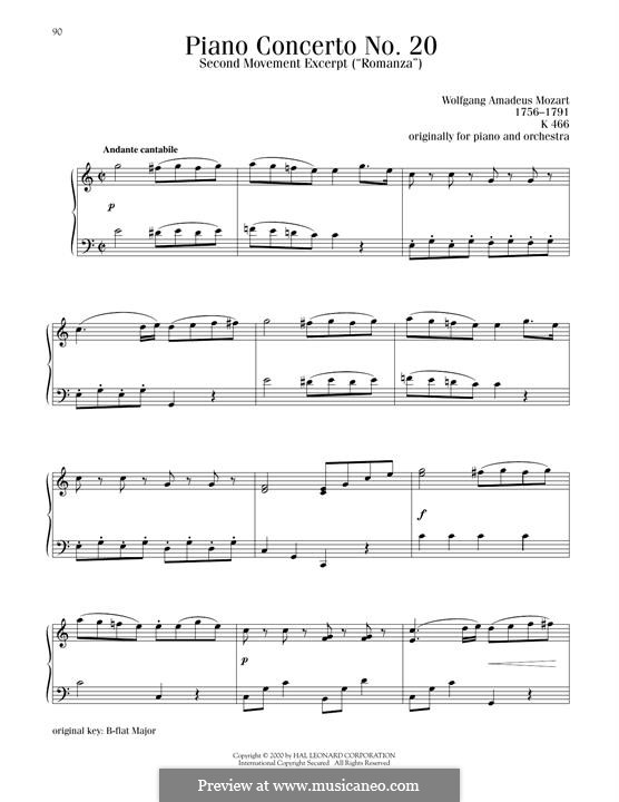 Concerto for Piano and Orchestra No.20 in D Minor, K.466: Movement II (excerpt). Version for piano by Wolfgang Amadeus Mozart