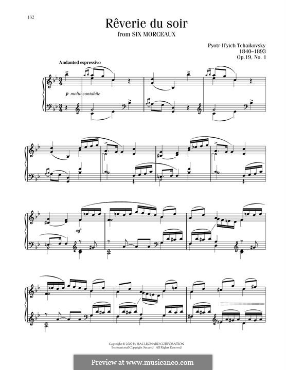 Six Pieces for Piano, TH 133 Op.19: No.1 Rêverie du soir (Evening Dreams) by Pyotr Tchaikovsky