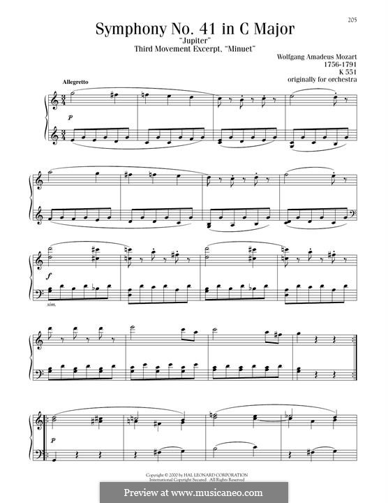 Symphony No.41 in C Major 'Jupiter', K.551: Movement III, Excerpt, for piano by Wolfgang Amadeus Mozart