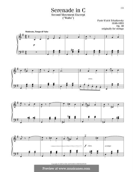 Serenade for String Orchestra, TH 48 Op.48: Movement II, excerpt, for piano by Pyotr Tchaikovsky