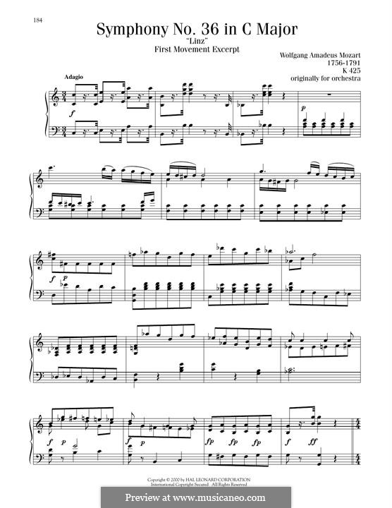 Symphony No.36 in C Major, K.425: Movement I, excerpt, for piano by Wolfgang Amadeus Mozart