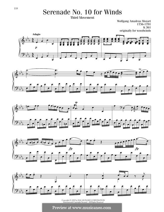 Serenade for Winds No.10 in B Flat Major, K.361: Movement III, for piano by Wolfgang Amadeus Mozart