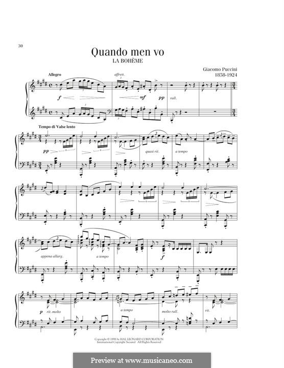 Quando men vo (Musetta's Waltz): For piano by Giacomo Puccini