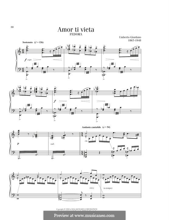 Fedora: Amor ti vietta, for piano by Umberto Giordano