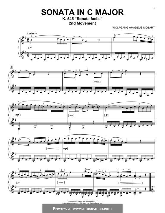 Sonata for Piano No.16 in C Major, K.545: Movement II by Wolfgang Amadeus Mozart