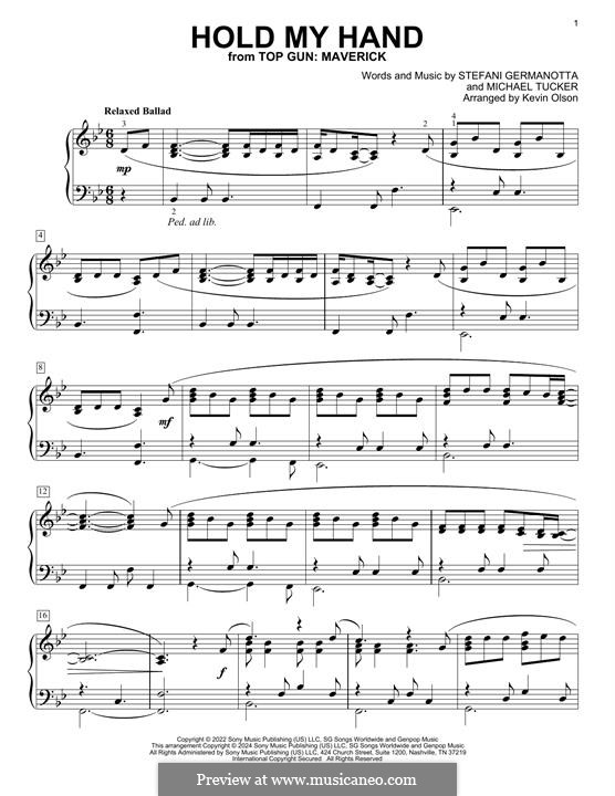 Hold My Hand (from Top Gun: Maverick) Lady Gaga: For piano by Stefani Germanotta, Michael Tucker