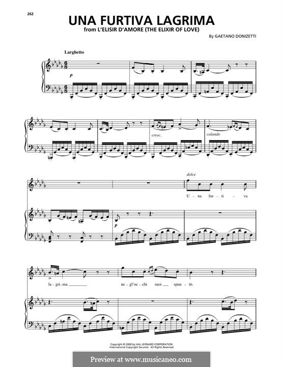 L'elisir d'amore (The Elixir of Love): Act II, Romance Nemorino 'Una furtiva lagrima', for voice and piano (or guitar) by Gaetano Donizetti