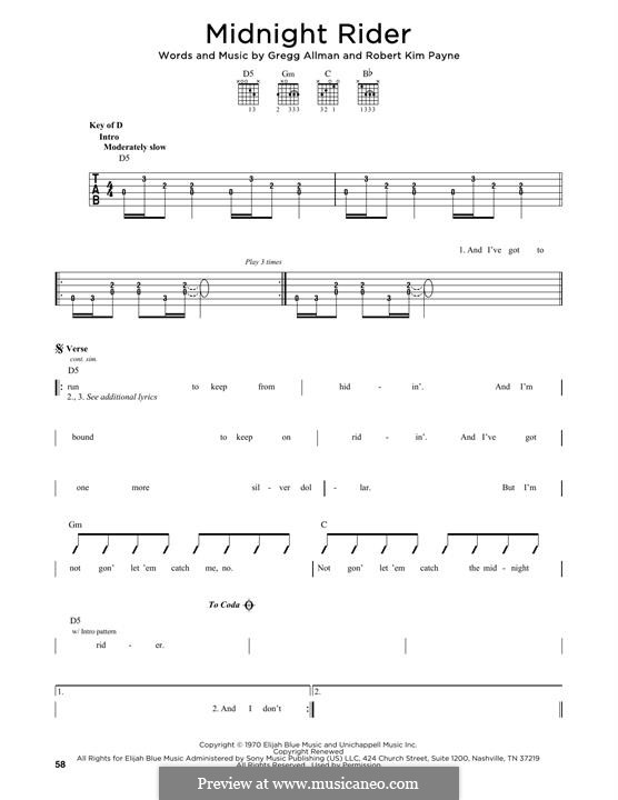 Midnight Rider (The Allman Brothers Band): For guitar by Gregg Allman, Robert Kim Payne