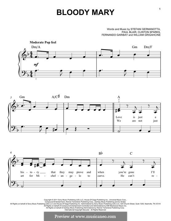 Bloody Mary (Lady Gaga): For piano by Clinton Sparks, Fernando Garibay, Paul Blair, Stefani Germanotta, William Grigahcine