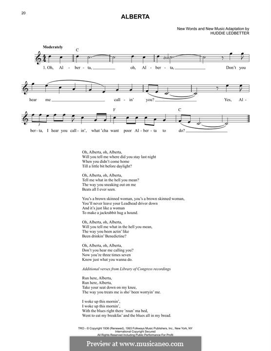 Alberta (Eric Clapton): For keyboard by Huddie Ledbetter
