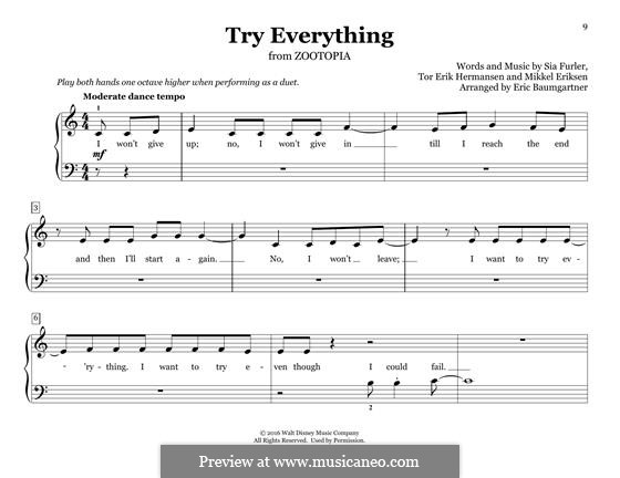 Try Everything (from Zootopia) Shakira: For piano four hands by Mikkel Storleer Eriksen, Sia Furler, Tor Erik Hermansen