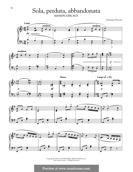 Manon Lescaut : Sola, Perduta, Abbandonata, for piano by Giacomo Puccini