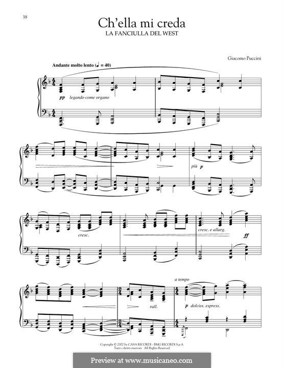 La fanciulla del West (The Girl of the West): Ch'ella mi creda, for piano by Giacomo Puccini