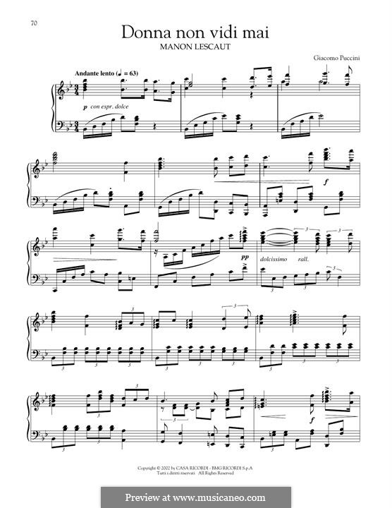 Manon Lescaut : Donna non vidi mai, for piano by Giacomo Puccini