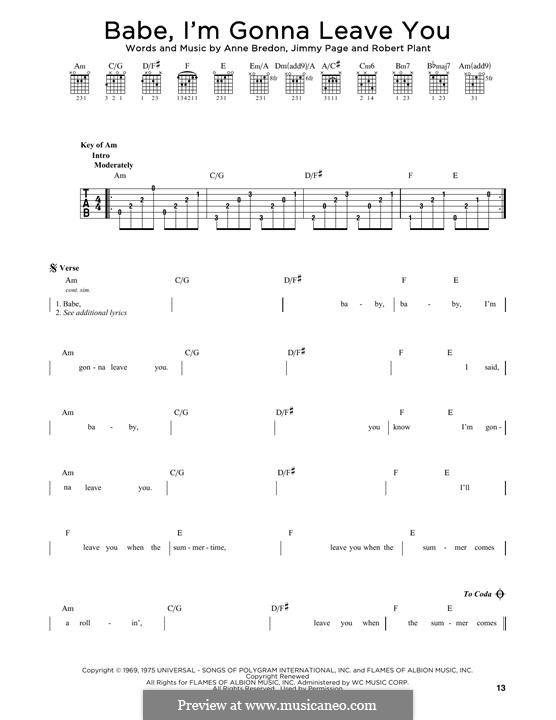 Babe, I'm Gonna Leave You (Led Zeppelin): For guitar by Anne Bredon, Jimmy Page, Robert Plant
