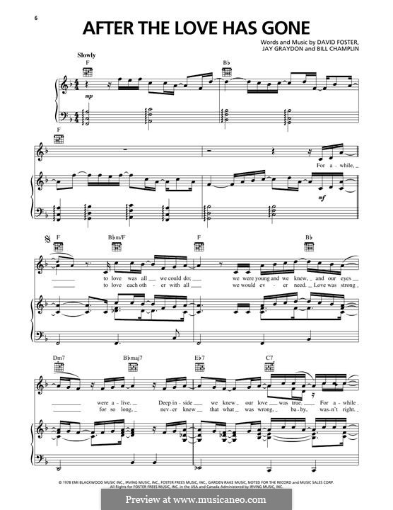After the Love Has Gone (Earth, Wind & Fire): For voice and piano (or guitar) by Bill Champlin, David Foster, James Graydon