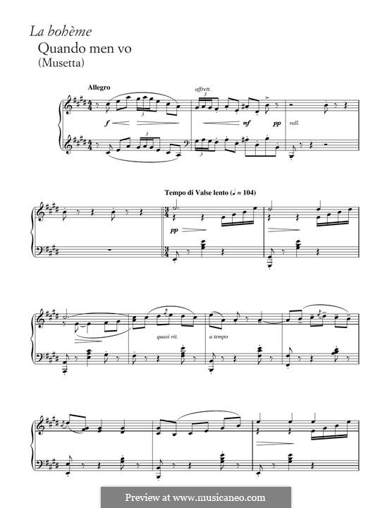 Quando men vo (Musetta's Waltz): For piano by Giacomo Puccini