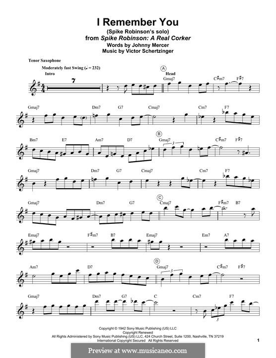 I Remember You (Diana Krall): For tenor saxophone by Victor Schertzinger