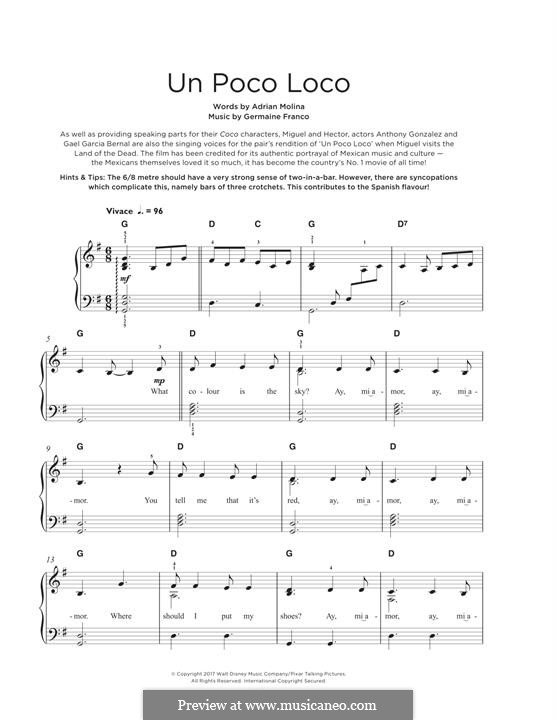 Un Poco Loco (from 'Coco'): For piano by Germaine Franco