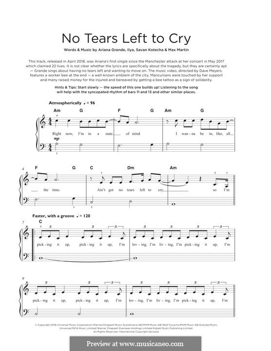 No Tears Left To Cry: For piano by Max Martin, Savan Kotecha, Ariana Grande, Ilya