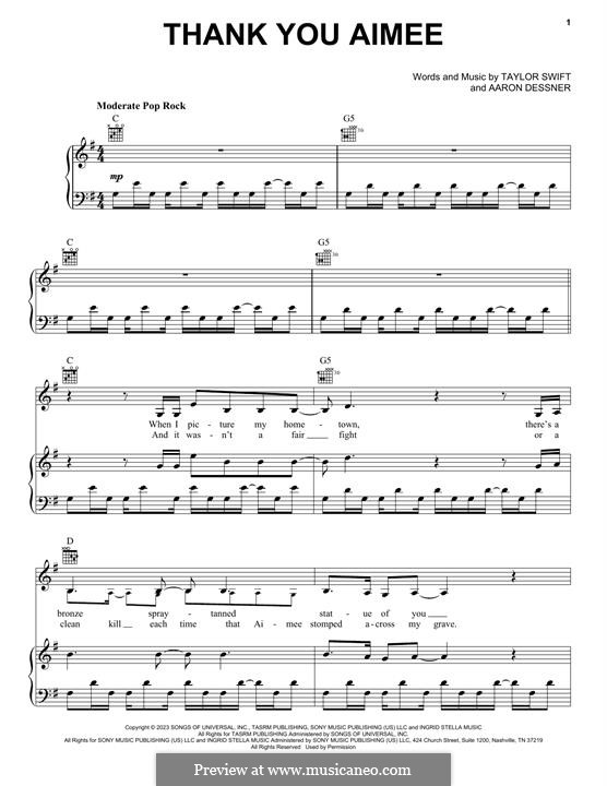 ThanK you aIMee (Taylor Swift): For voice and piano (or guitar) by Aaron Dessner