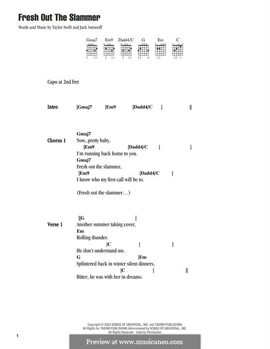 Fresh Out The Slammer (Taylor Swift): Lyrics and guitar chords by Jack Antonoff