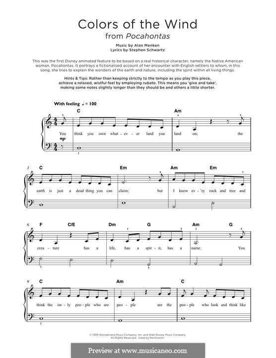 Colors of the Wind (from Pocahontas): For piano by Alan Menken